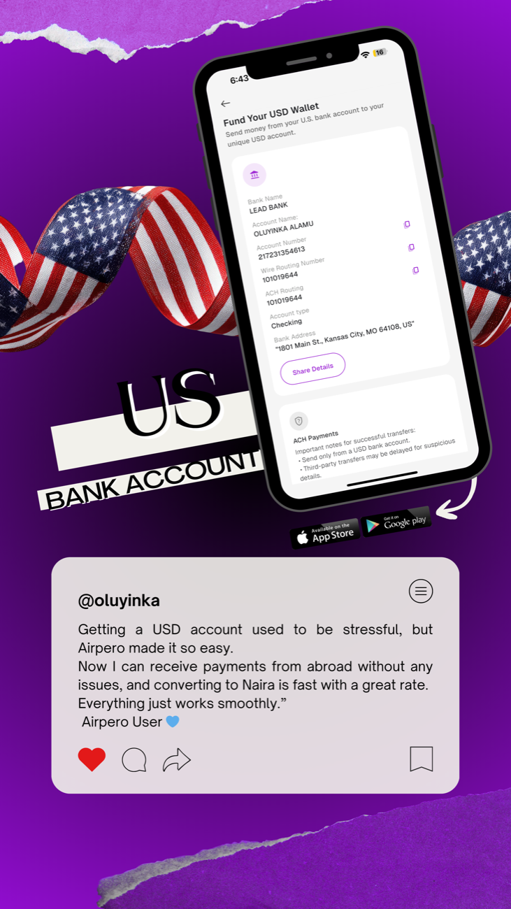 Airpero app screen showing US bank account details for a USD wallet, alongside a customer review about receiving international payments and converting to naira